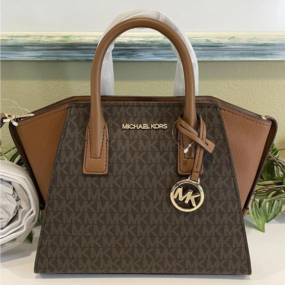 Michael Kors Handbags - NWT MICHAEL KORS AVRIL SMALL LOGO TOP ZIP CROSSBODY SATCHEL BROWN SIGNATURE